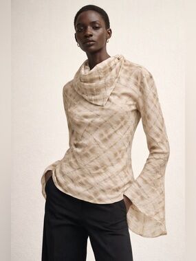 Zara Asymmetric Draped Cowl Neck Top Beige Abstract Print Flare Sleeve XS